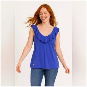 Lilly Pulitzer Shirt Womens Medium Blue Ruffle V Neck Sleeveless Tank Top Slub